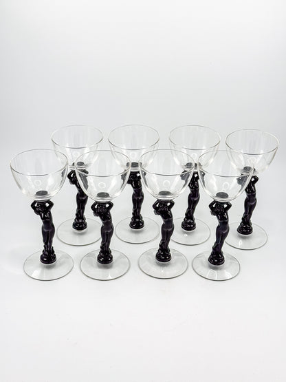 Vintage Cambridge Nude Stem Cocktail Glass with Ebony Black Figural Lady, Art Deco Goblet, Sold Individually
