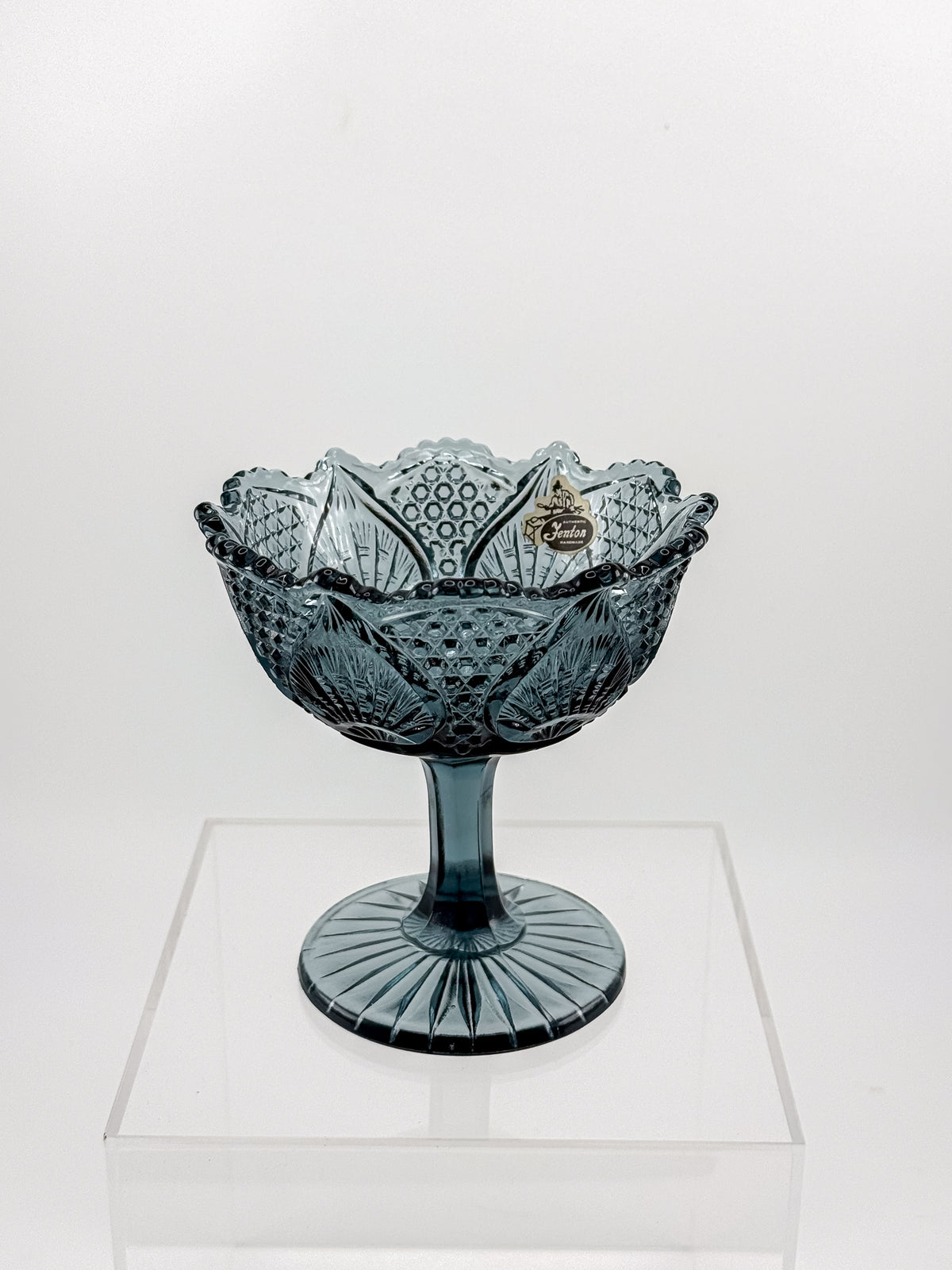 Vintage Fenton Regency Federal Blue Glass Footed Compote with Floral Panels and Scalloped Rim