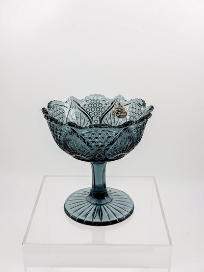 Vintage Fenton Regency Federal Blue Glass Footed Compote with Floral Panels and Scalloped Rim