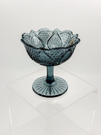 Vintage Fenton Regency Federal Blue Glass Footed Compote with Floral Panels and Scalloped Rim