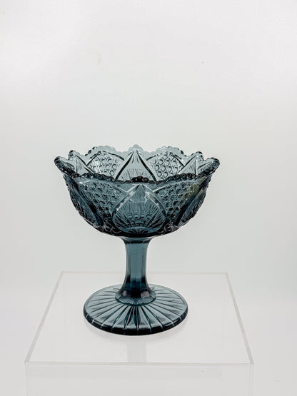 Vintage Fenton Regency Federal Blue Glass Footed Compote with Floral Panels and Scalloped Rim