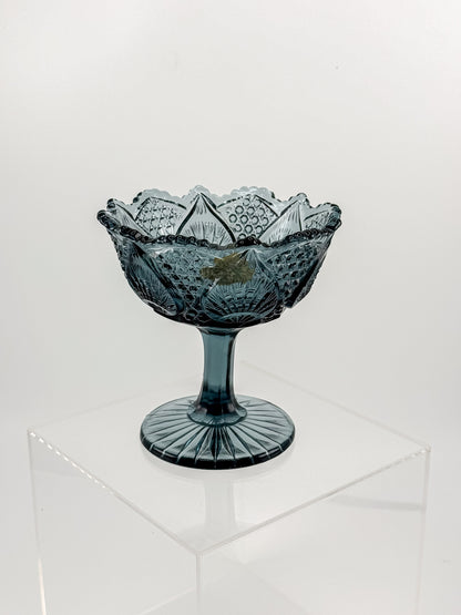 Vintage Fenton Regency Federal Blue Glass Footed Compote with Floral Panels and Scalloped Rim