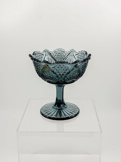 Vintage Fenton Regency Federal Blue Glass Footed Compote with Floral Panels and Scalloped Rim