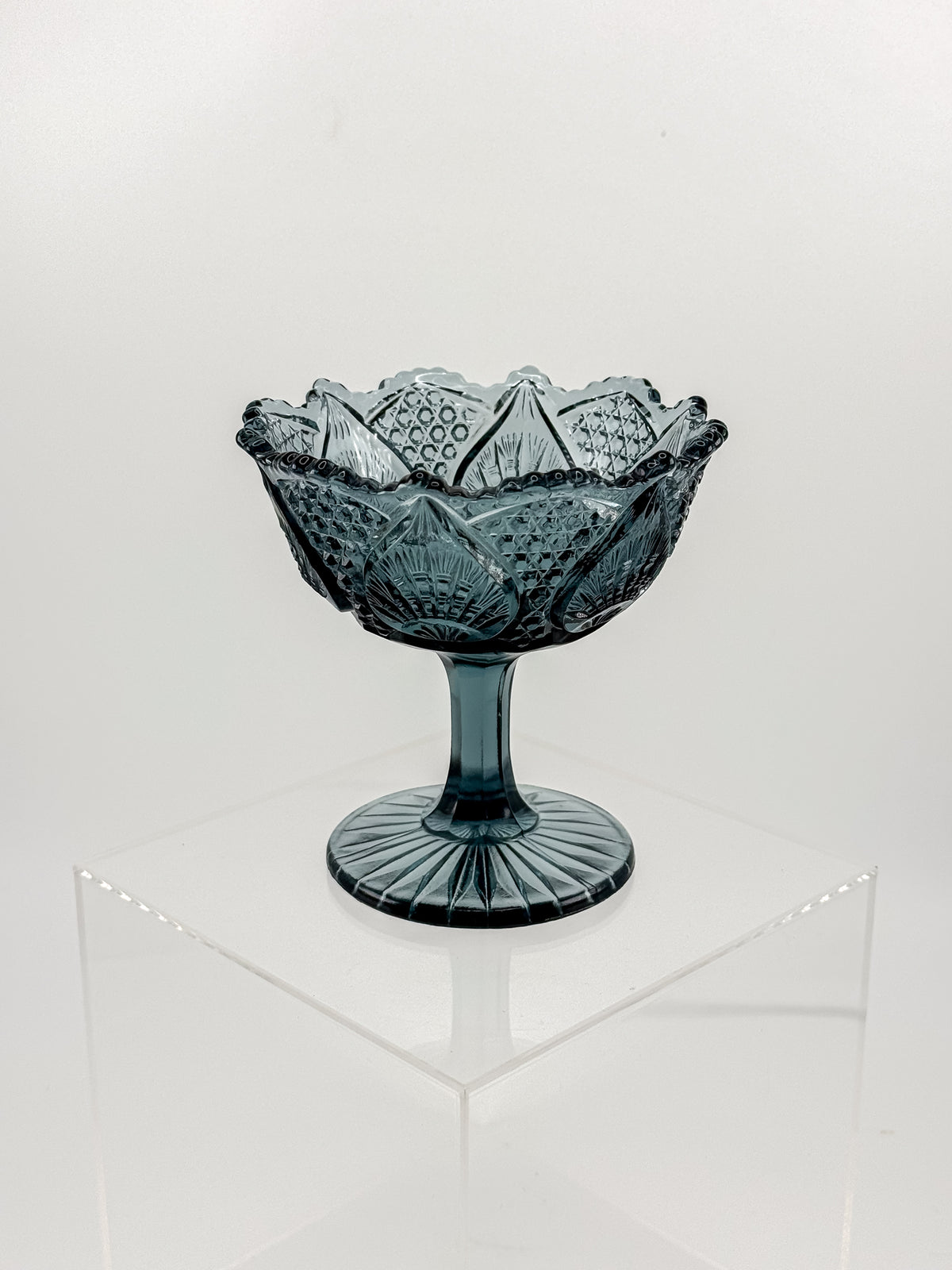 Vintage Fenton Regency Federal Blue Glass Footed Compote with Floral Panels and Scalloped Rim