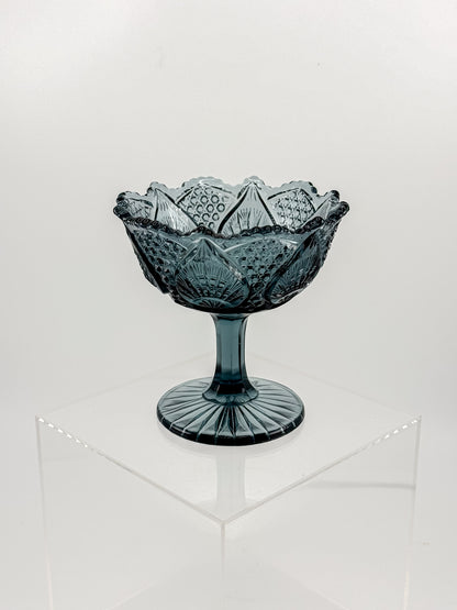 Vintage Fenton Regency Federal Blue Glass Footed Compote with Floral Panels and Scalloped Rim