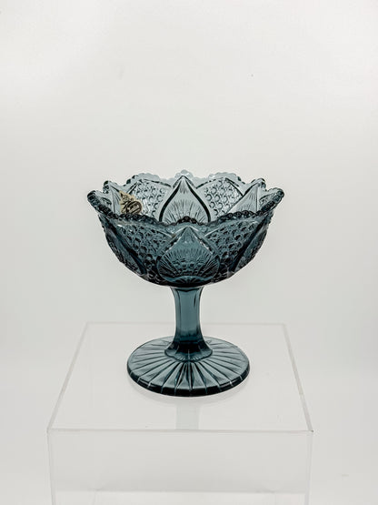 Vintage Fenton Regency Federal Blue Glass Footed Compote with Floral Panels and Scalloped Rim