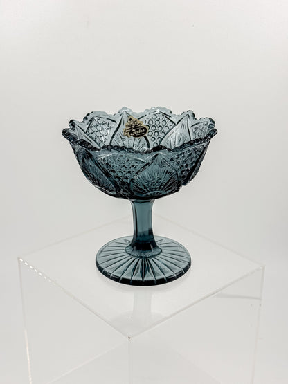 Vintage Fenton Regency Federal Blue Glass Footed Compote with Floral Panels and Scalloped Rim