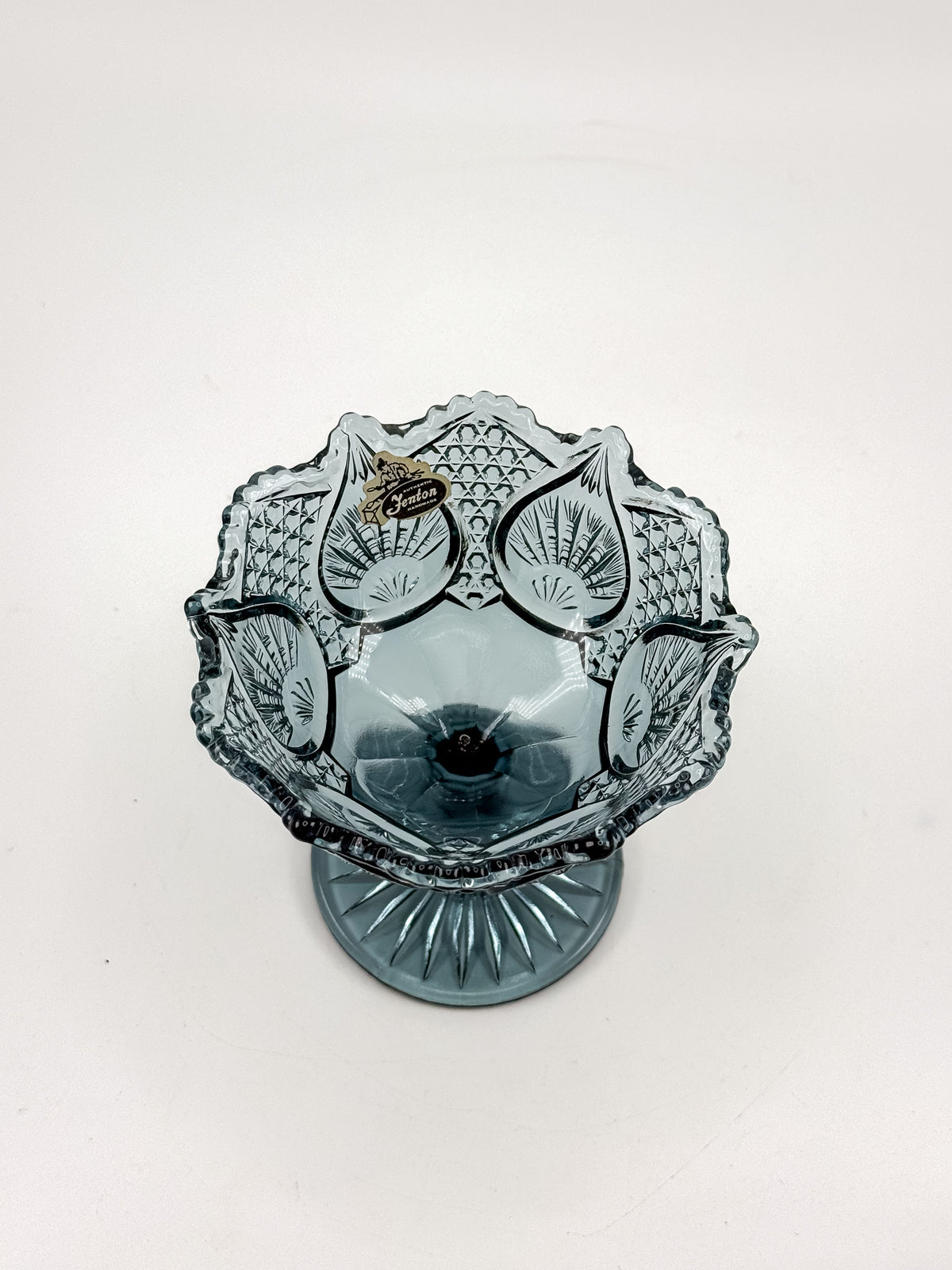 Vintage Fenton Regency Federal Blue Glass Footed Compote with Floral Panels and Scalloped Rim