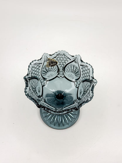 Vintage Fenton Regency Federal Blue Glass Footed Compote with Floral Panels and Scalloped Rim