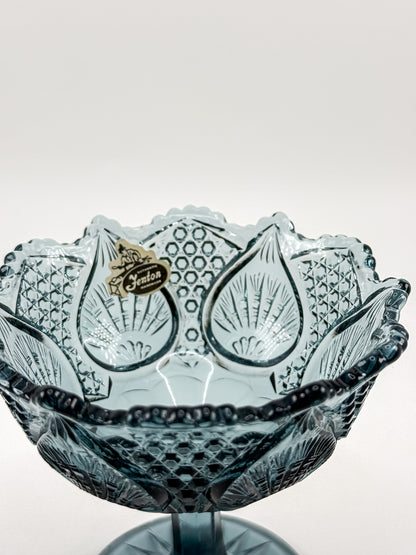 Vintage Fenton Regency Federal Blue Glass Footed Compote with Floral Panels and Scalloped Rim
