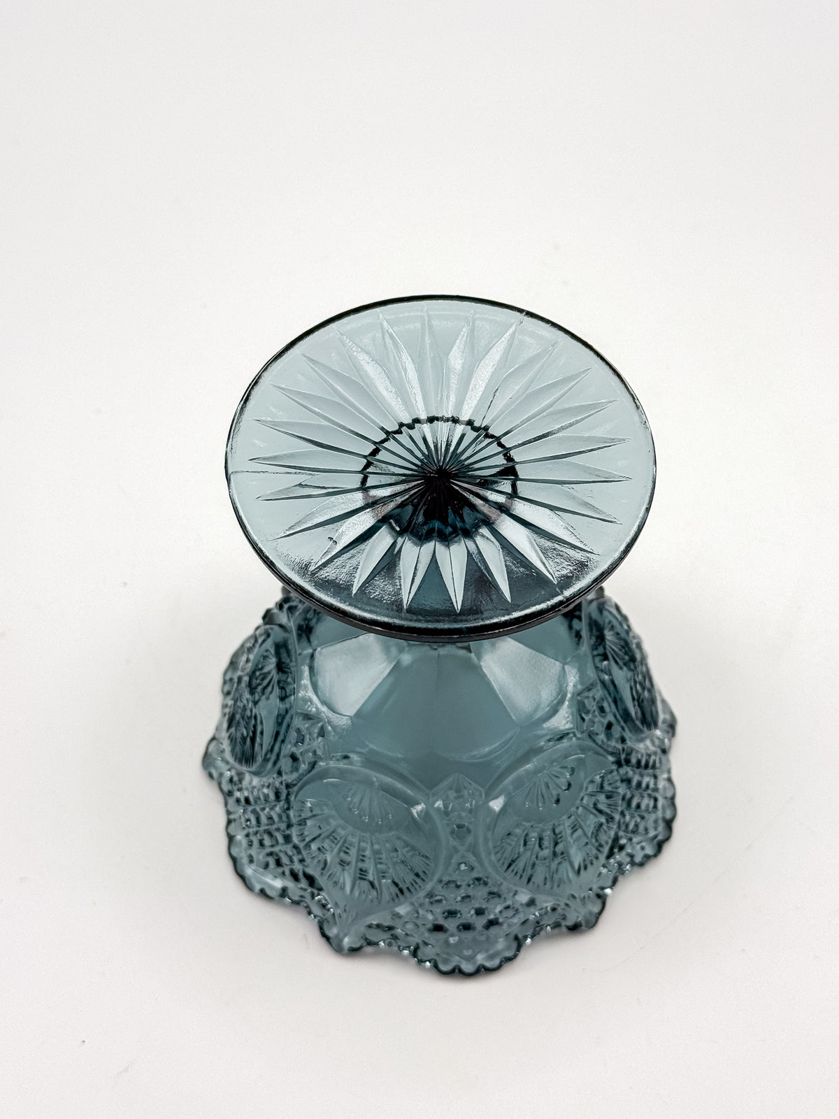 Vintage Fenton Regency Federal Blue Glass Footed Compote with Floral Panels and Scalloped Rim
