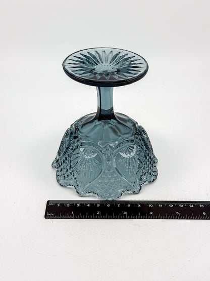 Vintage Fenton Regency Federal Blue Glass Footed Compote with Floral Panels and Scalloped Rim