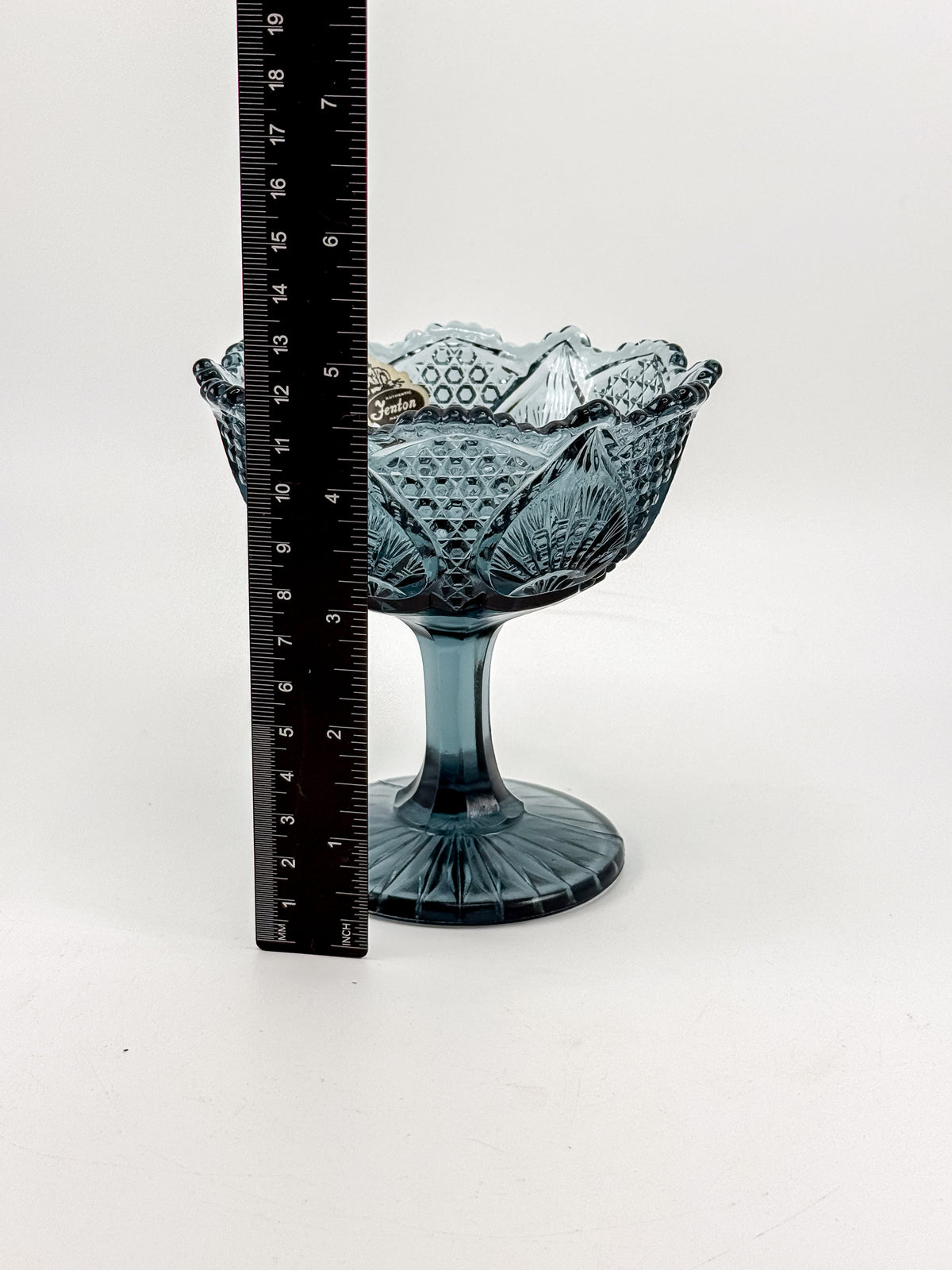 Vintage Fenton Regency Federal Blue Glass Footed Compote with Floral Panels and Scalloped Rim