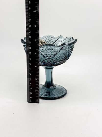 Vintage Fenton Regency Federal Blue Glass Footed Compote with Floral Panels and Scalloped Rim
