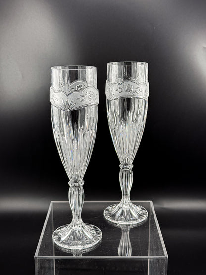 Vintage Oneida Southern Garden Crystal Champagne Flutes with Frosted Floral Bands, 8 Inches, Sold as a Pair