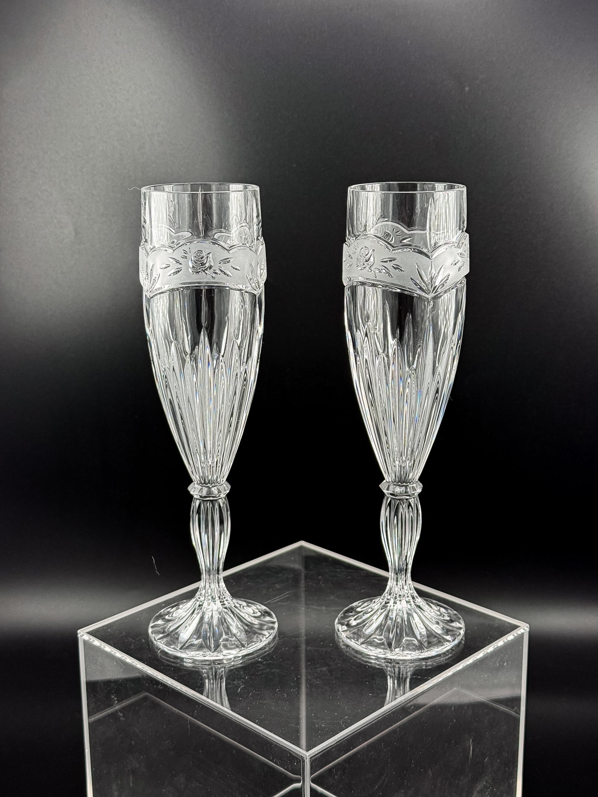 Vintage Oneida Southern Garden Crystal Champagne Flutes with Frosted Floral Bands, 8 Inches, Sold as a Pair