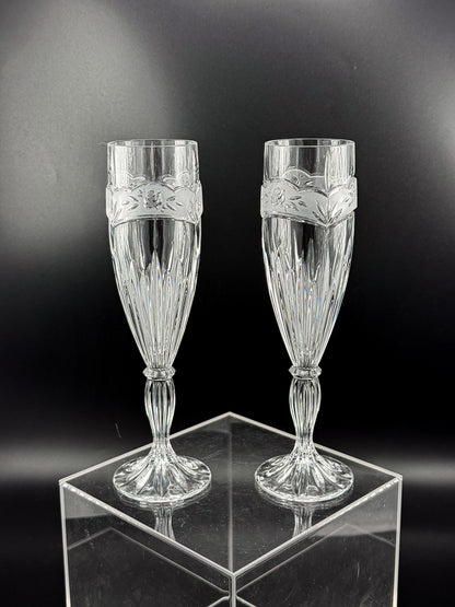 Vintage Oneida Southern Garden Crystal Champagne Flutes with Frosted Floral Bands, 8 Inches, Sold as a Pair