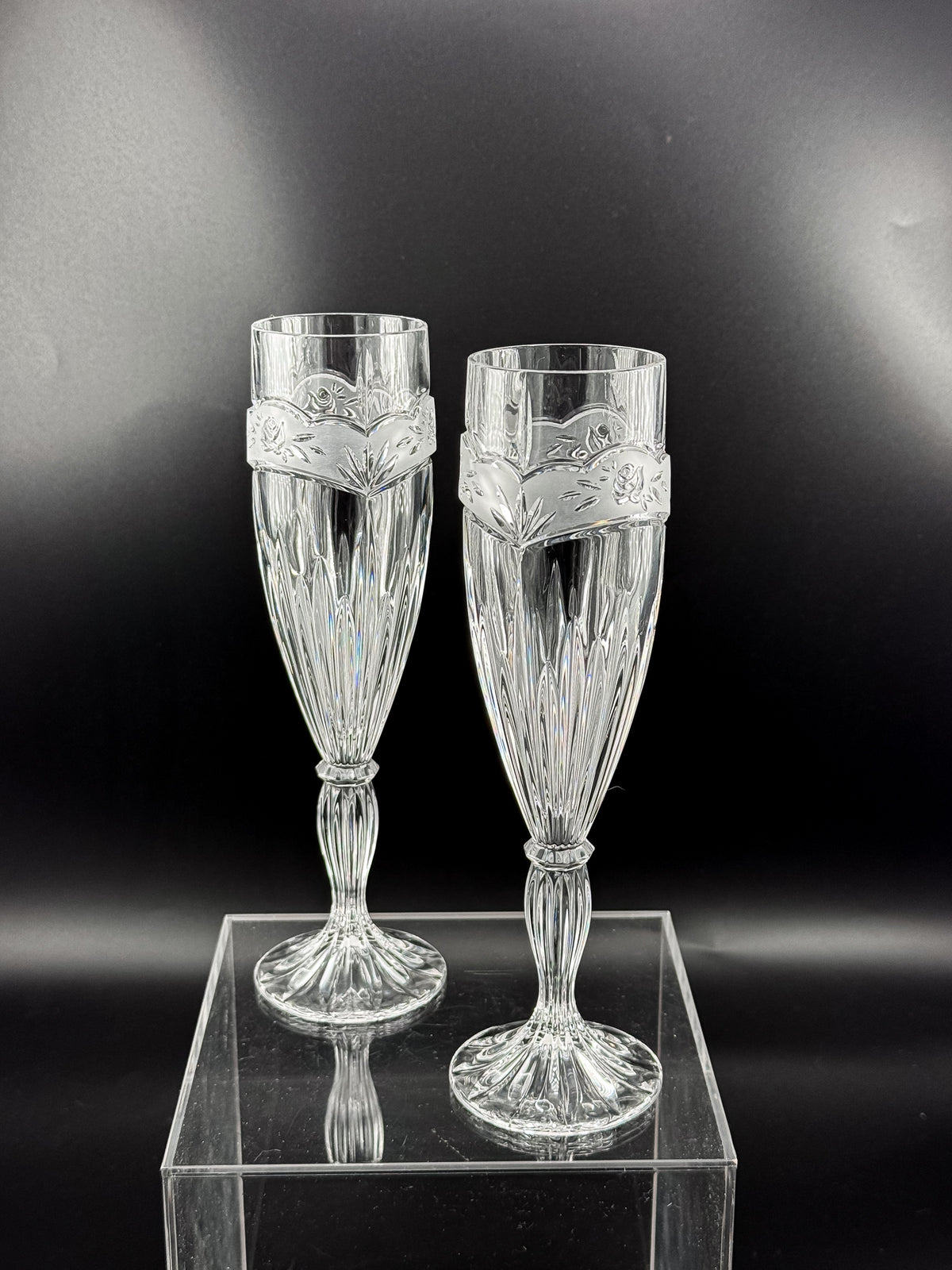 Vintage Oneida Southern Garden Crystal Champagne Flutes with Frosted Floral Bands, 8 Inches, Sold as a Pair