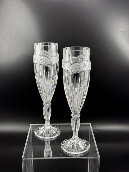 Vintage Oneida Southern Garden Crystal Champagne Flutes with Frosted Floral Bands, 8 Inches, Sold as a Pair