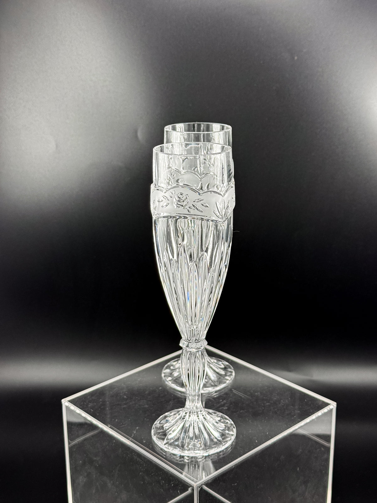 Vintage Oneida Southern Garden Crystal Champagne Flutes with Frosted Floral Bands, 8 Inches, Sold as a Pair