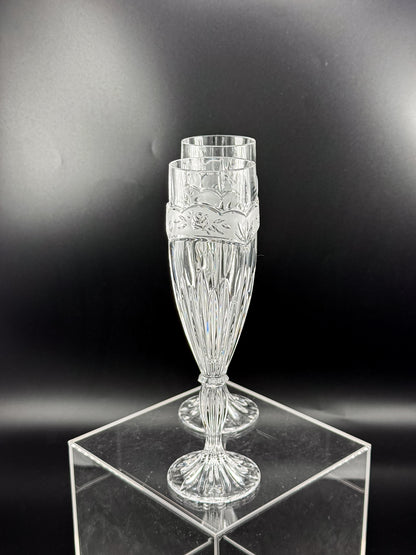 Vintage Oneida Southern Garden Crystal Champagne Flutes with Frosted Floral Bands, 8 Inches, Sold as a Pair
