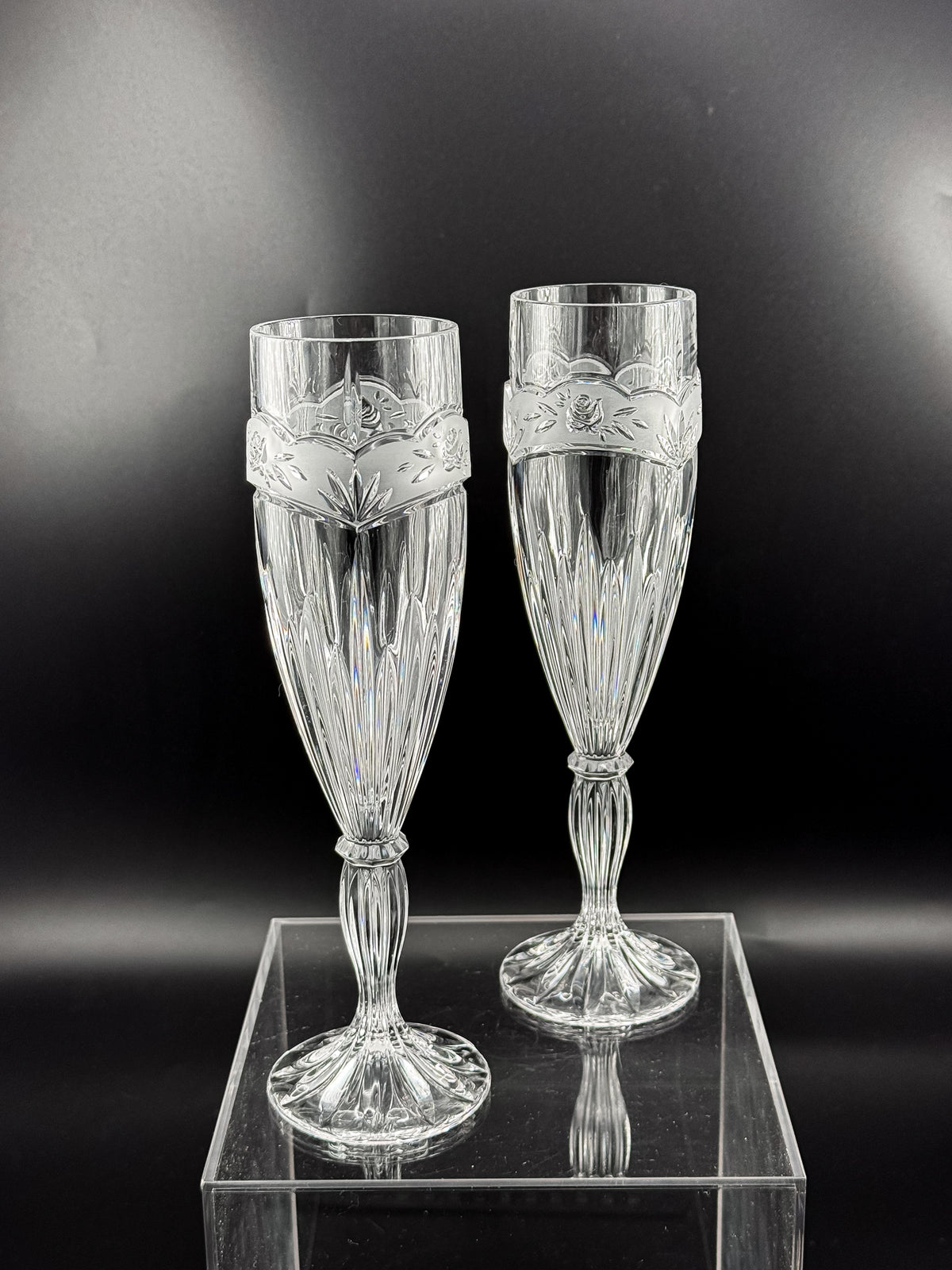 Vintage Oneida Southern Garden Crystal Champagne Flutes with Frosted Floral Bands, 8 Inches, Sold as a Pair