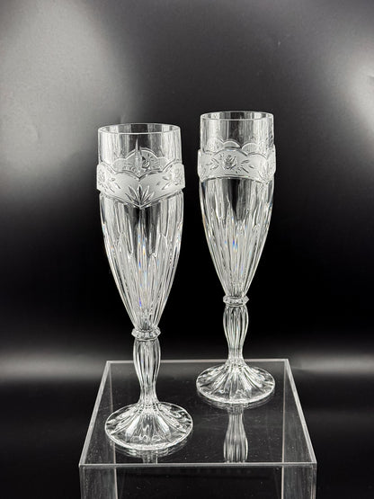Vintage Oneida Southern Garden Crystal Champagne Flutes with Frosted Floral Bands, 8 Inches, Sold as a Pair