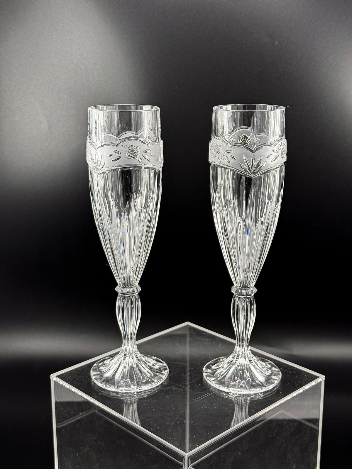 Vintage Oneida Southern Garden Crystal Champagne Flutes with Frosted Floral Bands, 8 Inches, Sold as a Pair