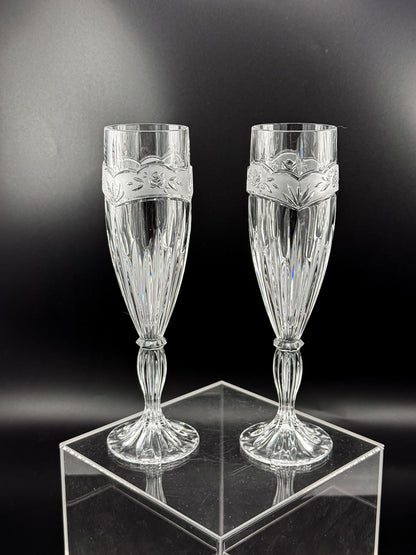 Vintage Oneida Southern Garden Crystal Champagne Flutes with Frosted Floral Bands, 8 Inches, Sold as a Pair