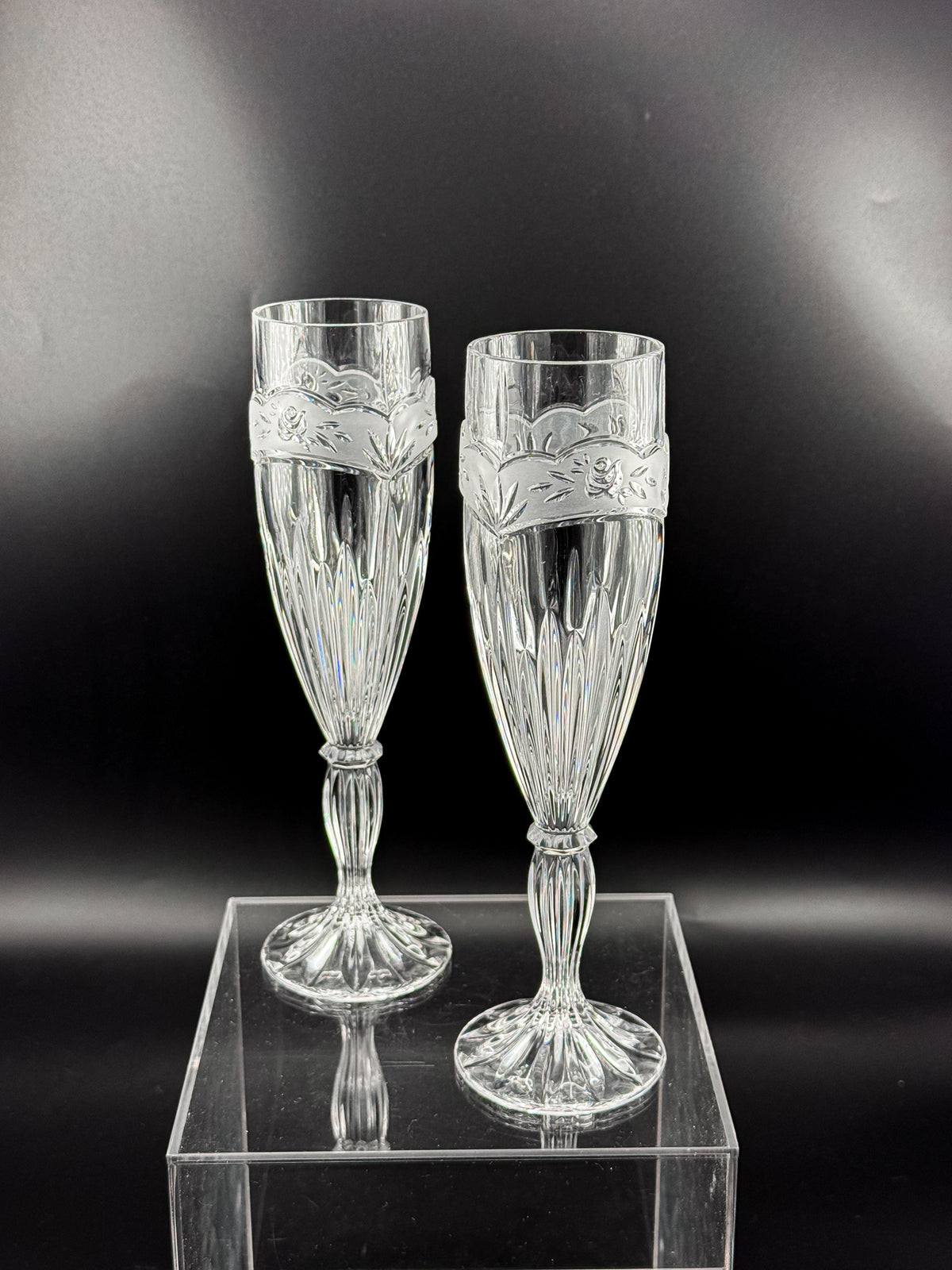 Vintage Oneida Southern Garden Crystal Champagne Flutes with Frosted Floral Bands, 8 Inches, Sold as a Pair