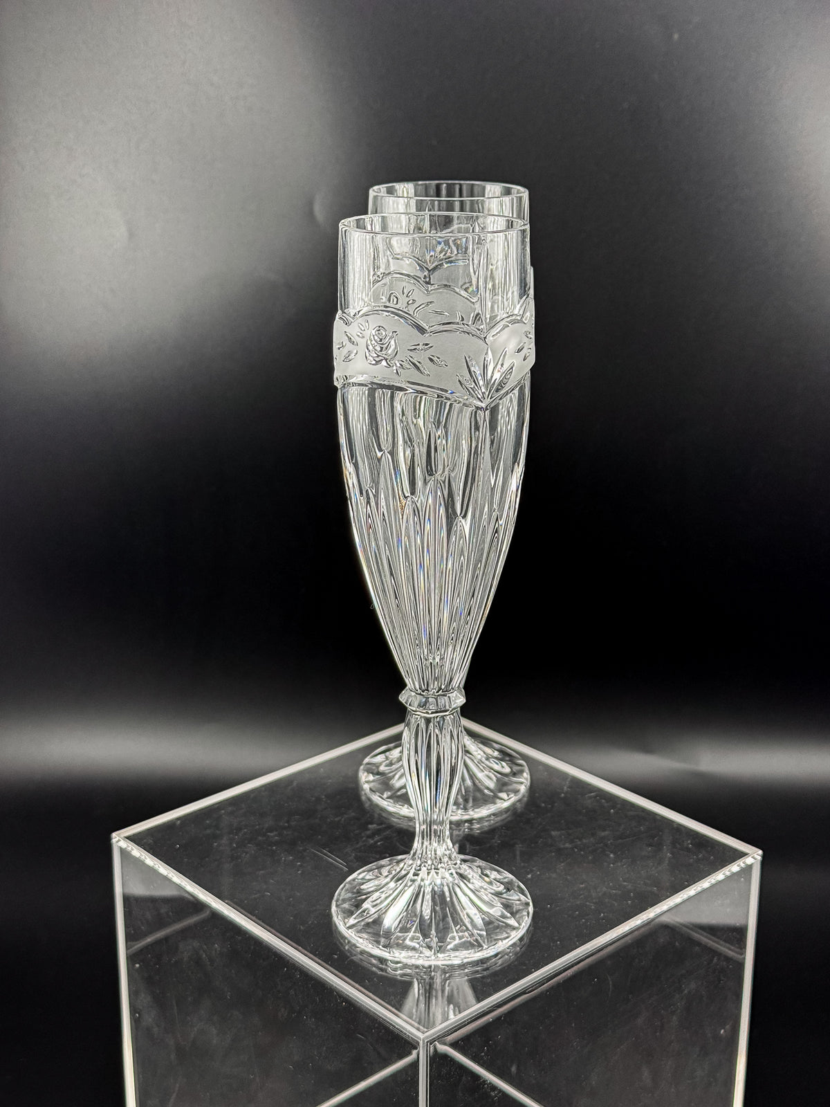 Vintage Oneida Southern Garden Crystal Champagne Flutes with Frosted Floral Bands, 8 Inches, Sold as a Pair
