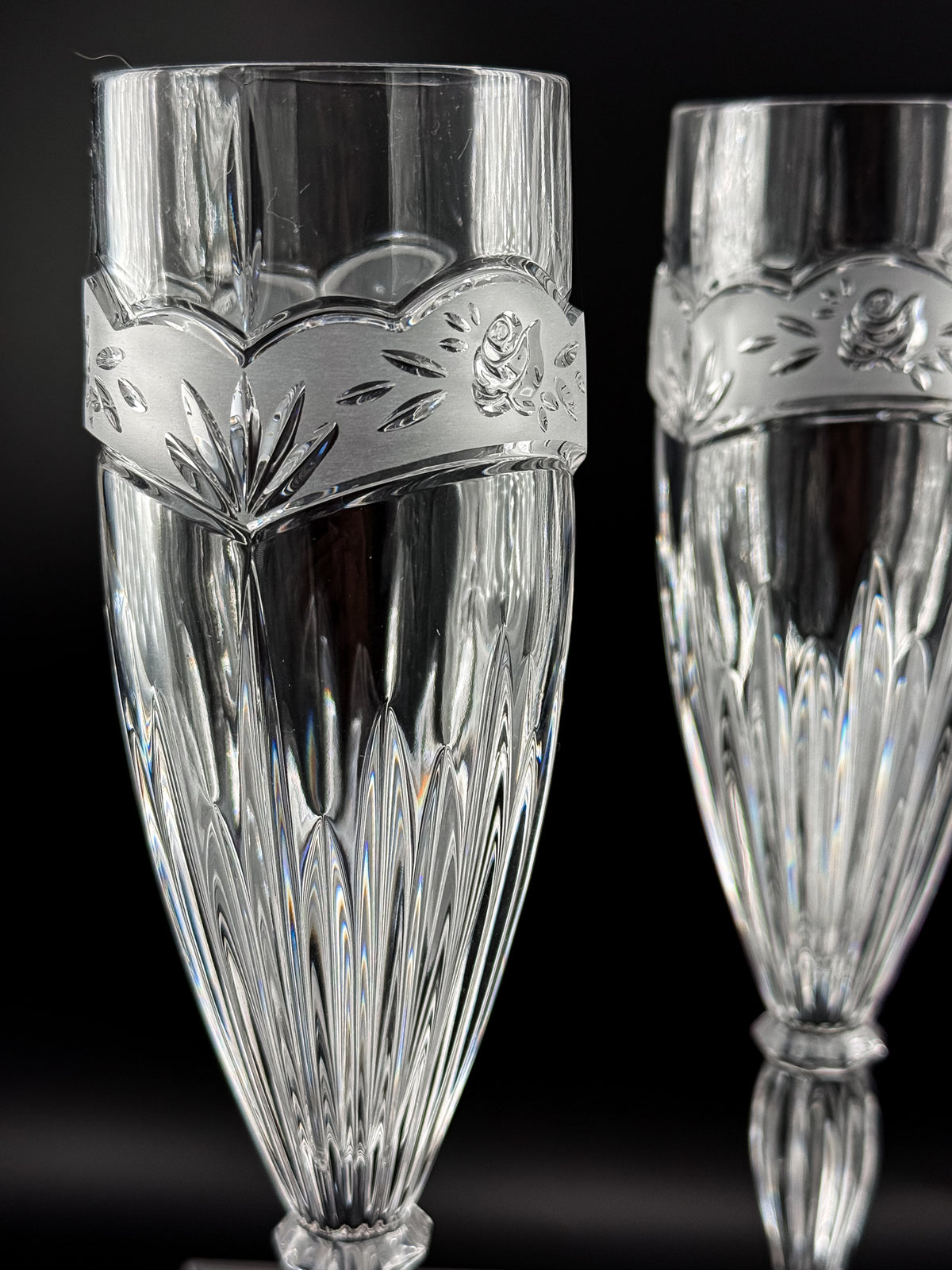 Vintage Oneida Southern Garden Crystal Champagne Flutes with Frosted Floral Bands, 8 Inches, Sold as a Pair