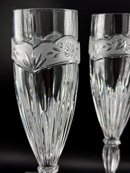 Vintage Oneida Southern Garden Crystal Champagne Flutes with Frosted Floral Bands, 8 Inches, Sold as a Pair