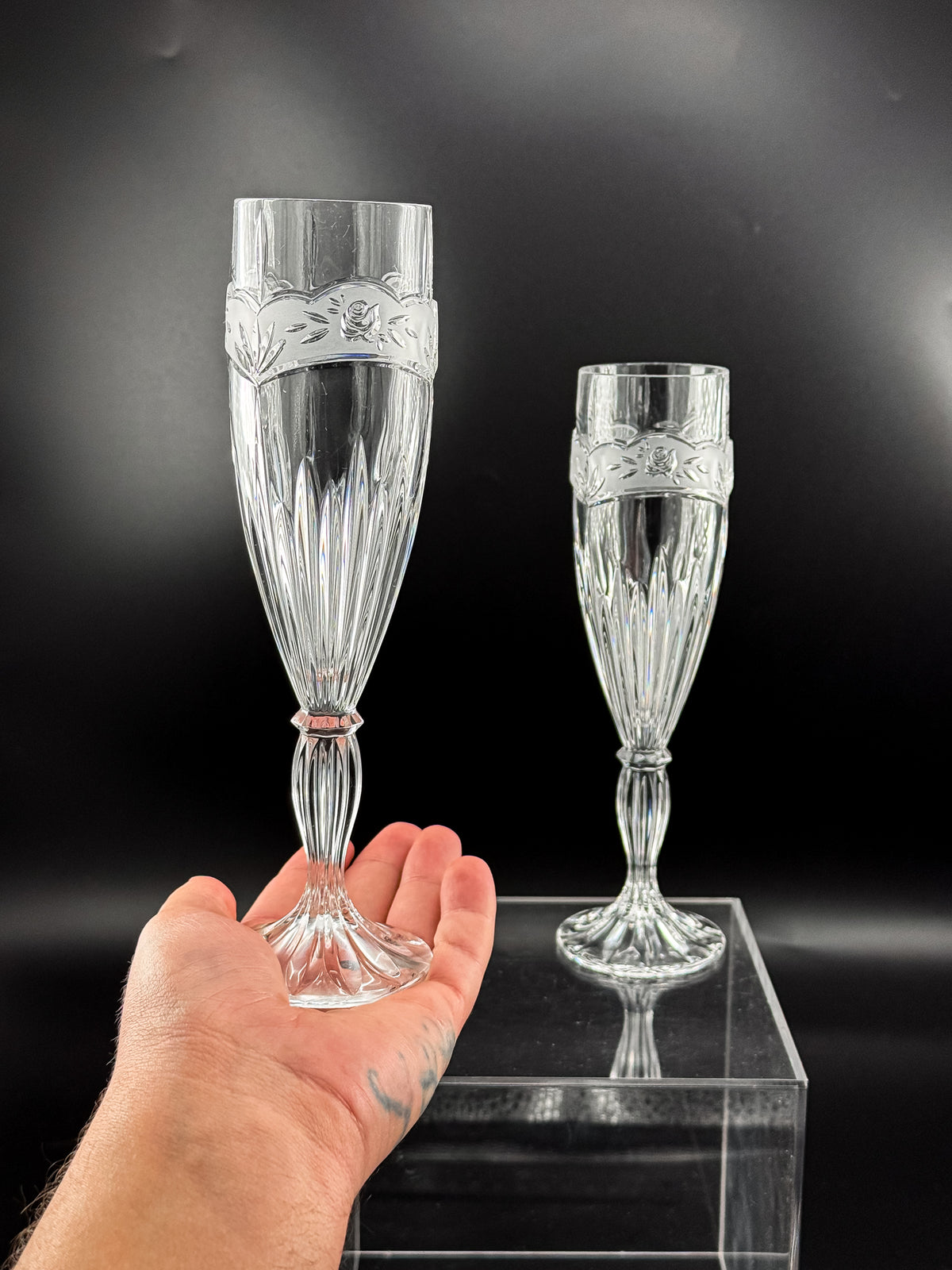 Vintage Oneida Southern Garden Crystal Champagne Flutes with Frosted Floral Bands, 8 Inches, Sold as a Pair
