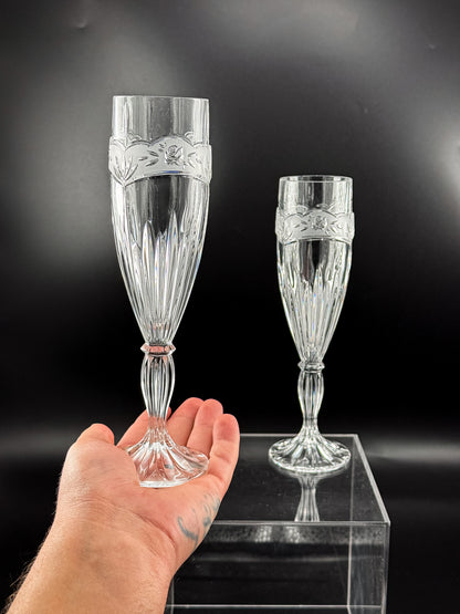 Vintage Oneida Southern Garden Crystal Champagne Flutes with Frosted Floral Bands, 8 Inches, Sold as a Pair