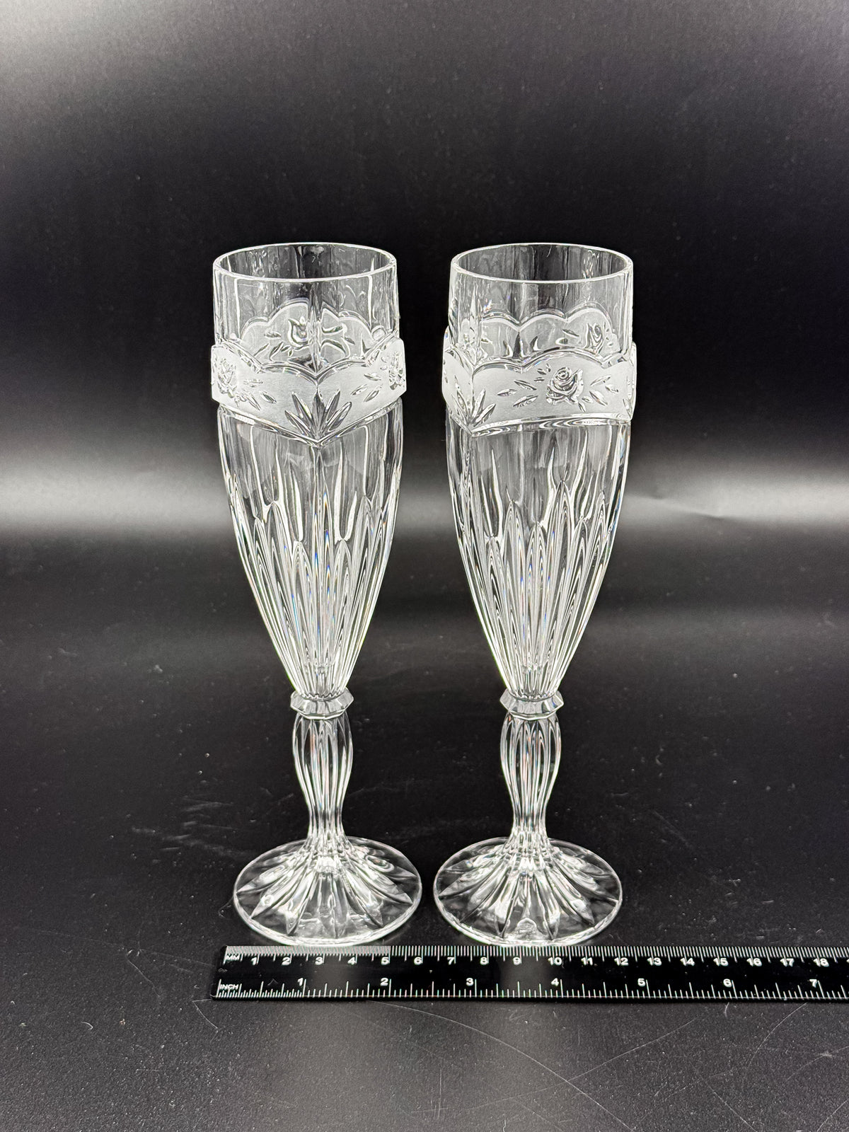 Vintage Oneida Southern Garden Crystal Champagne Flutes with Frosted Floral Bands, 8 Inches, Sold as a Pair