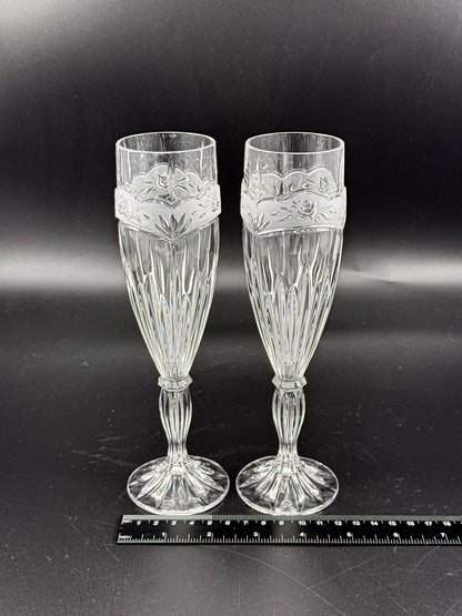 Vintage Oneida Southern Garden Crystal Champagne Flutes with Frosted Floral Bands, 8 Inches, Sold as a Pair