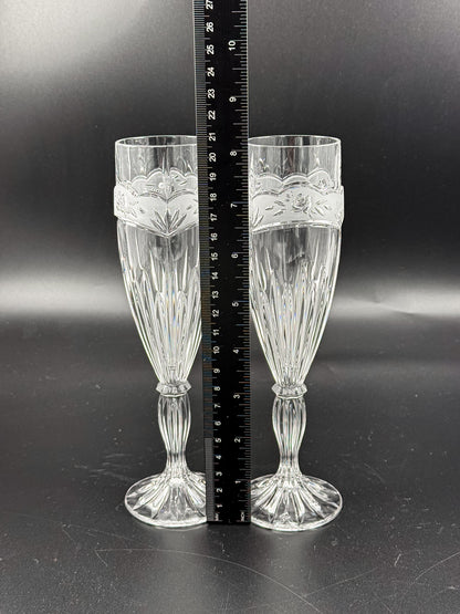 Vintage Oneida Southern Garden Crystal Champagne Flutes with Frosted Floral Bands, 8 Inches, Sold as a Pair