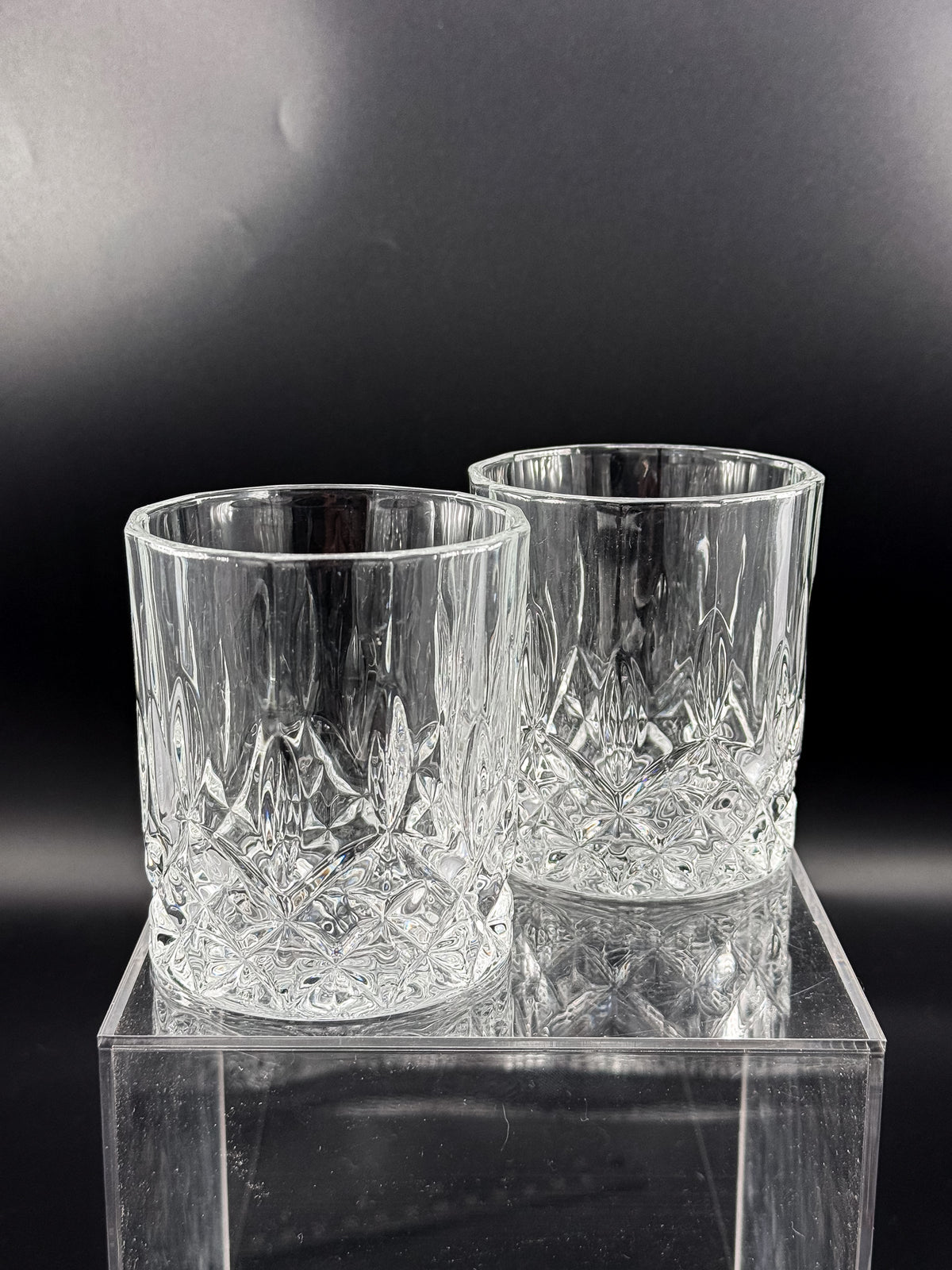 Vintage Libbey Nachtmann Rocks Glasses with Diamond Pattern and Starburst Bases, Sold as a Pair