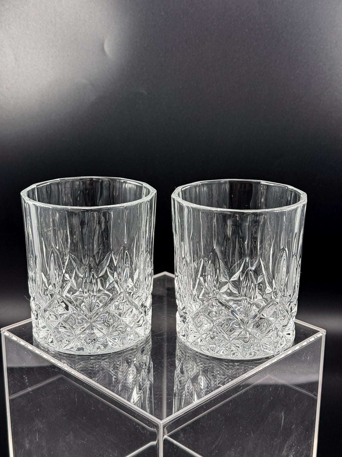 Vintage Libbey Nachtmann Rocks Glasses with Diamond Pattern and Starburst Bases, Sold as a Pair