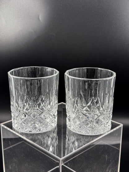 Vintage Libbey Nachtmann Rocks Glasses with Diamond Pattern and Starburst Bases, Sold as a Pair