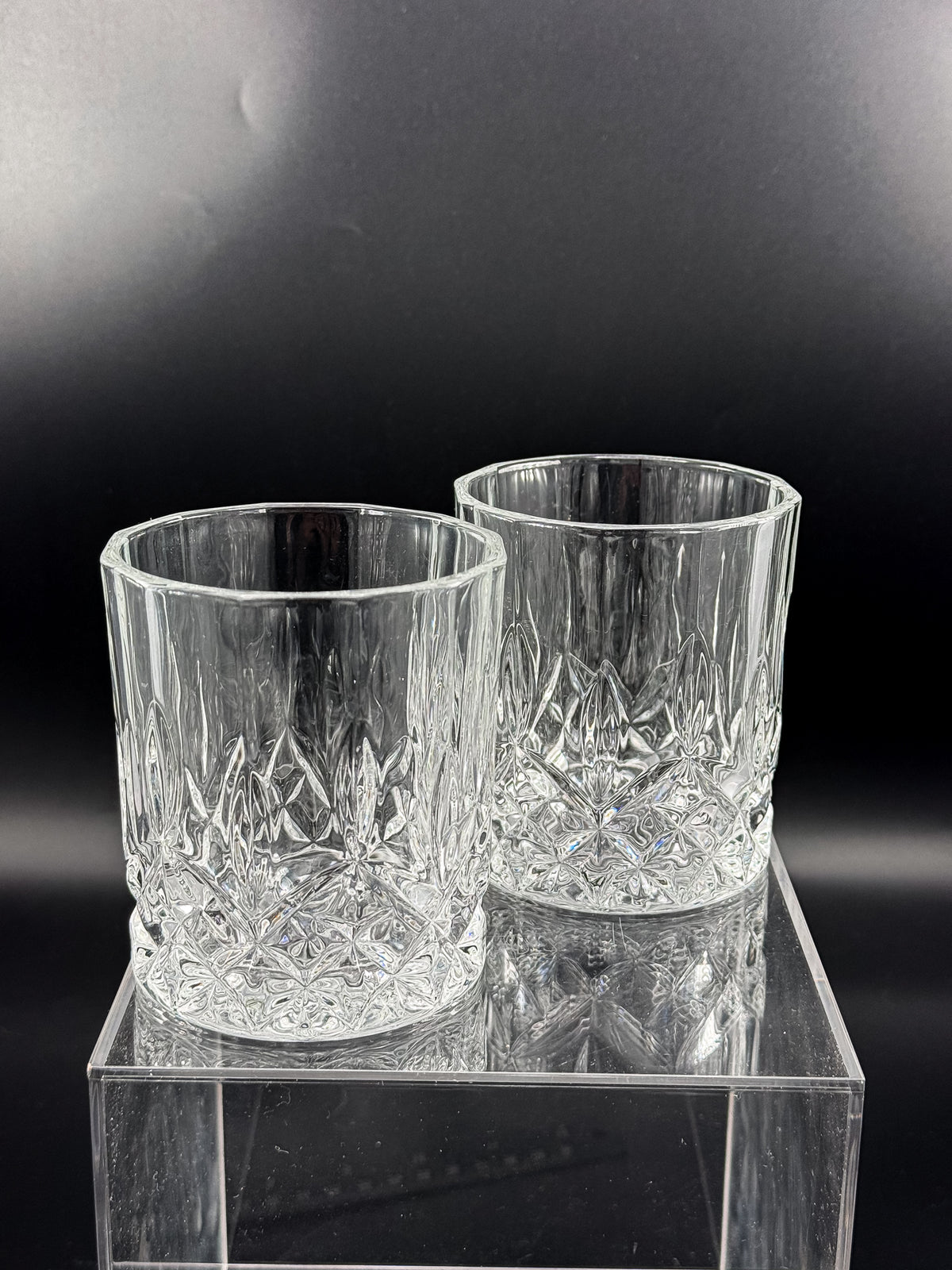 Vintage Libbey Nachtmann Rocks Glasses with Diamond Pattern and Starburst Bases, Sold as a Pair