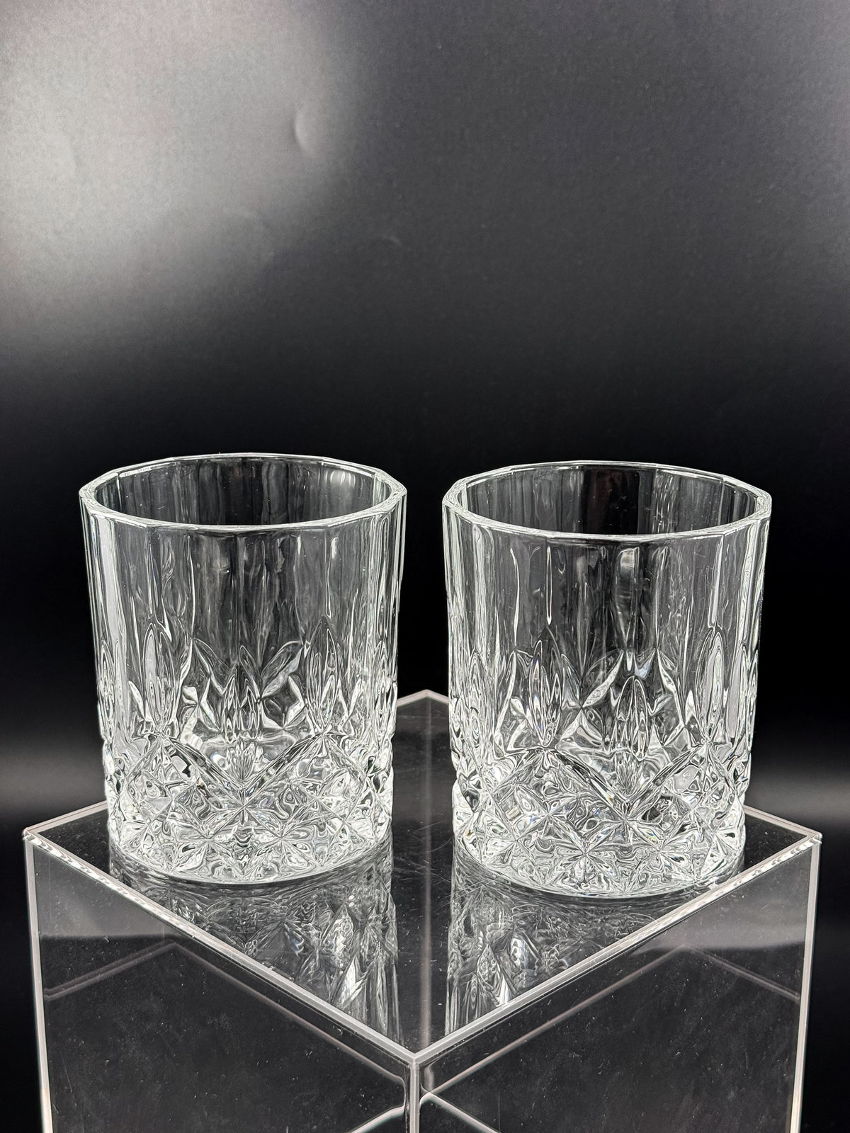 Vintage Libbey Nachtmann Rocks Glasses with Diamond Pattern and Starburst Bases, Sold as a Pair