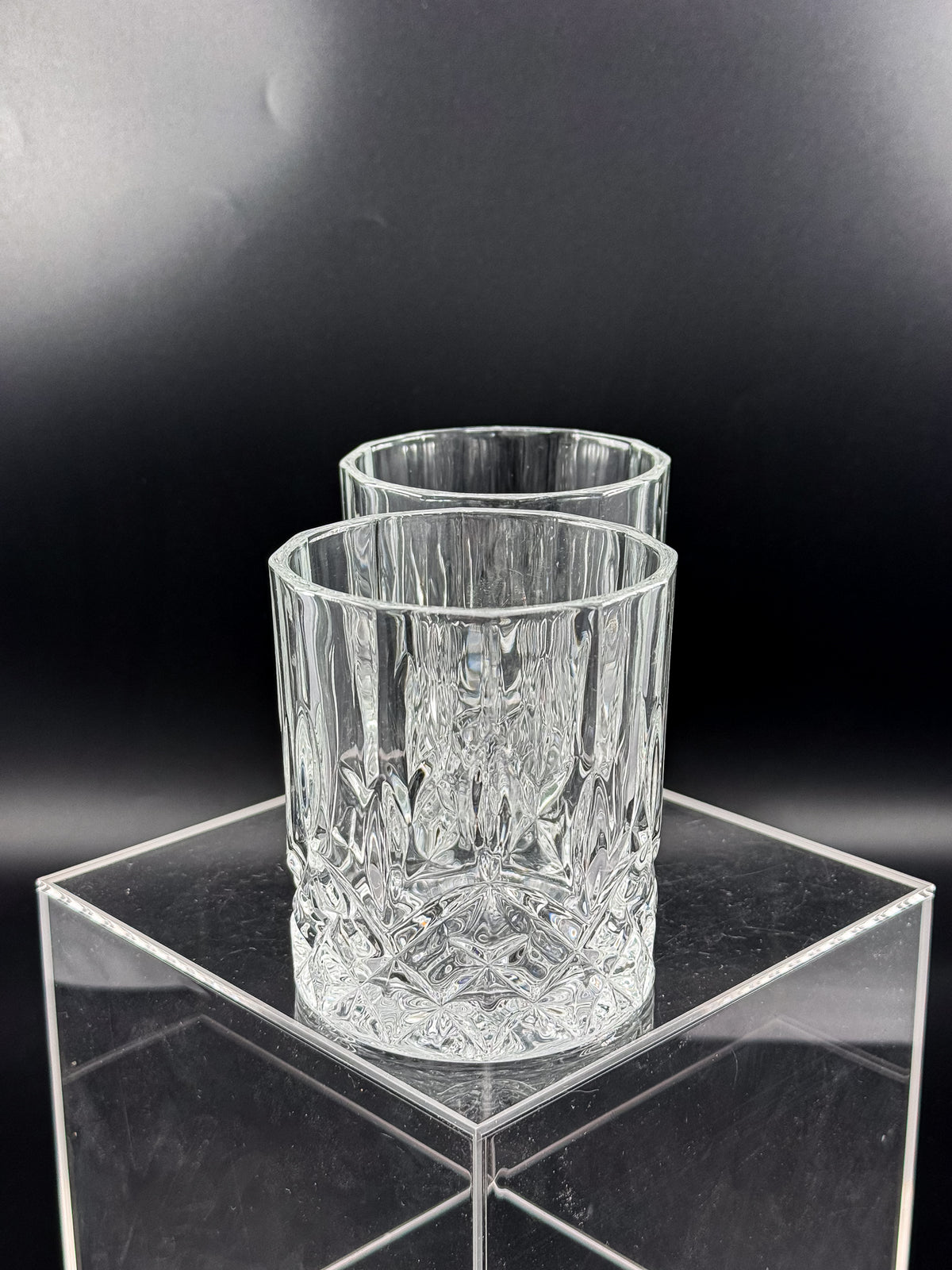 Vintage Libbey Nachtmann Rocks Glasses with Diamond Pattern and Starburst Bases, Sold as a Pair