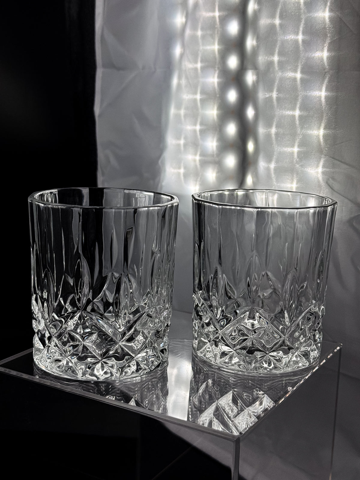 Vintage Libbey Nachtmann Rocks Glasses with Diamond Pattern and Starburst Bases, Sold as a Pair