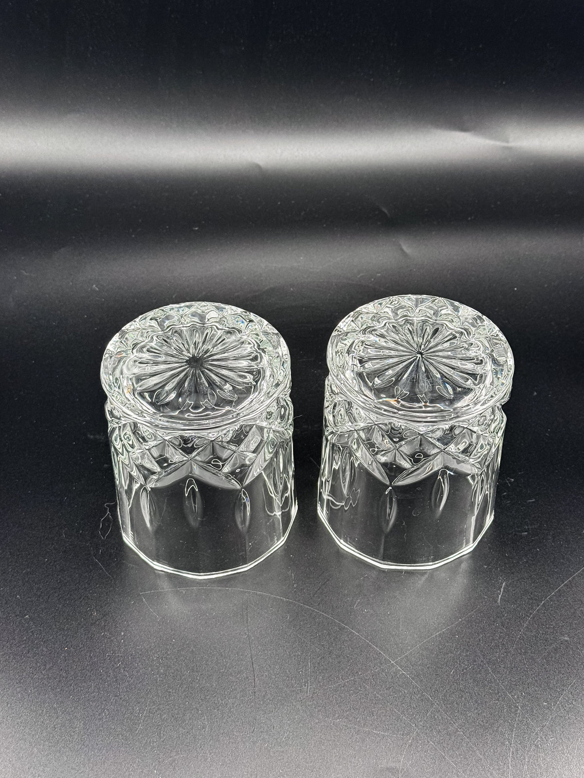 Vintage Libbey Nachtmann Rocks Glasses with Diamond Pattern and Starburst Bases, Sold as a Pair