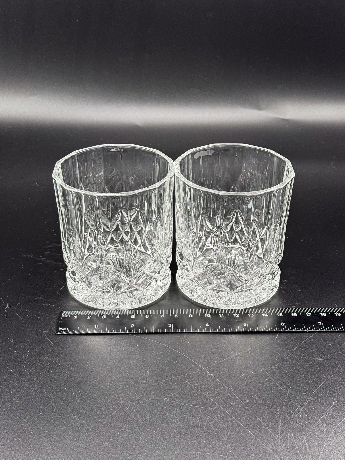 Vintage Libbey Nachtmann Rocks Glasses with Diamond Pattern and Starburst Bases, Sold as a Pair