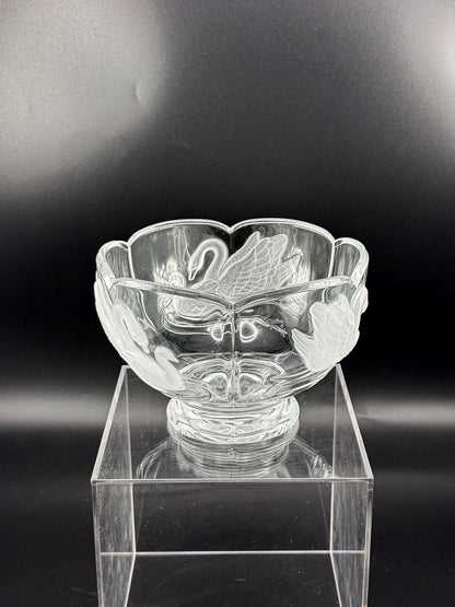 Clear Glass Footed Bowl with Frosted Swan Motifs and Scalloped Rim, Romantic Decorative Candy Dish