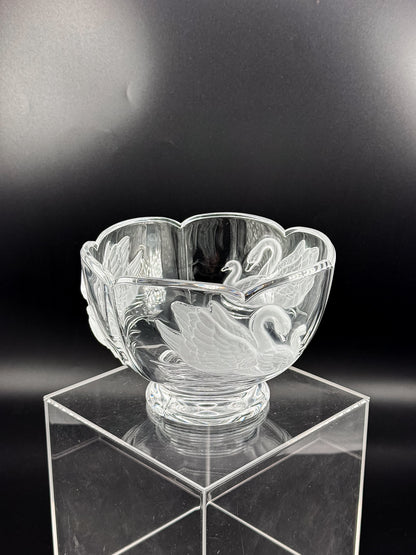 Clear Glass Footed Bowl with Frosted Swan Motifs and Scalloped Rim, Romantic Decorative Candy Dish