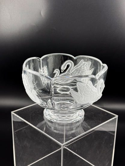 Clear Glass Footed Bowl with Frosted Swan Motifs and Scalloped Rim, Romantic Decorative Candy Dish